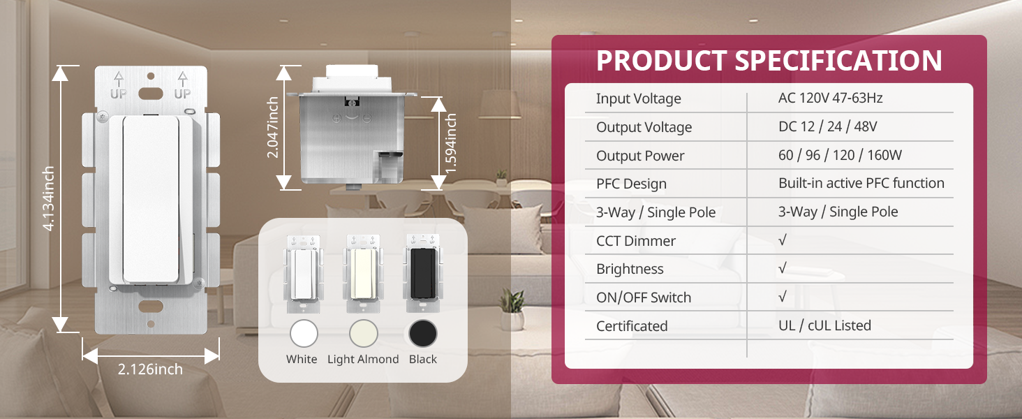 Product specification SURETRON Driver+Switch 2 in 1 specifications including power output and certifications.