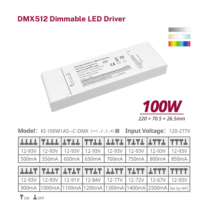 100W 500mA-2500mA 12V-93V DC Constant Current Dimmable 3 4 Channel RDM DMX RGB RGBW LED Driver