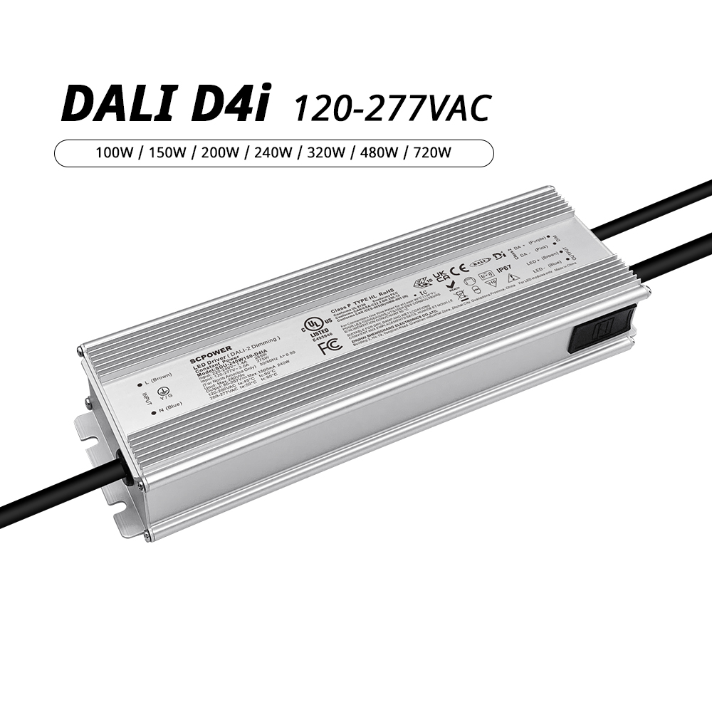 100W 150W 200W 240W 320W 480W 720W 70mA-15000mA DC DALI-2 D4i Waterproof LED Driver 120-277V AC
