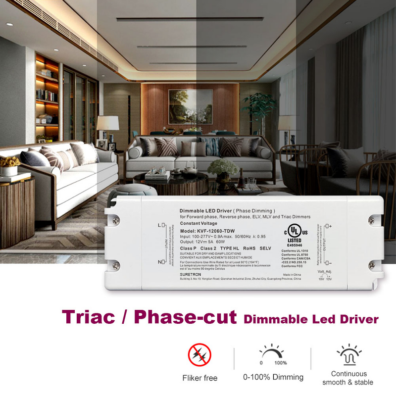 60W 12V 24V 36V 48V DC 100-277Vac (us) Constant Votage Triac Led Light Driver Factory