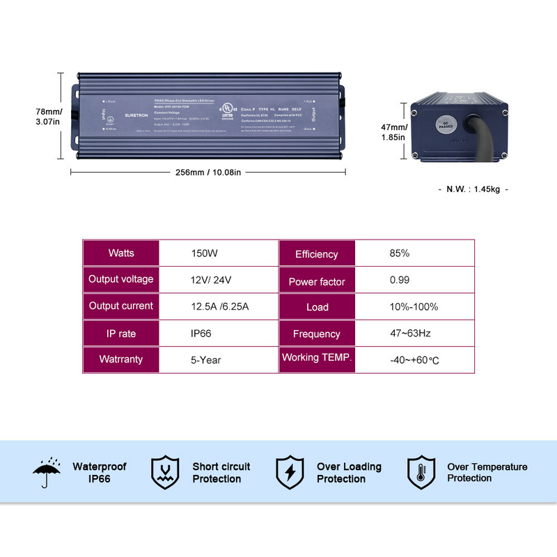 150W 12V 24V 36V 48V DC 100-277Vac (us) Constant Votage Triac Ip20 Led Power Supply