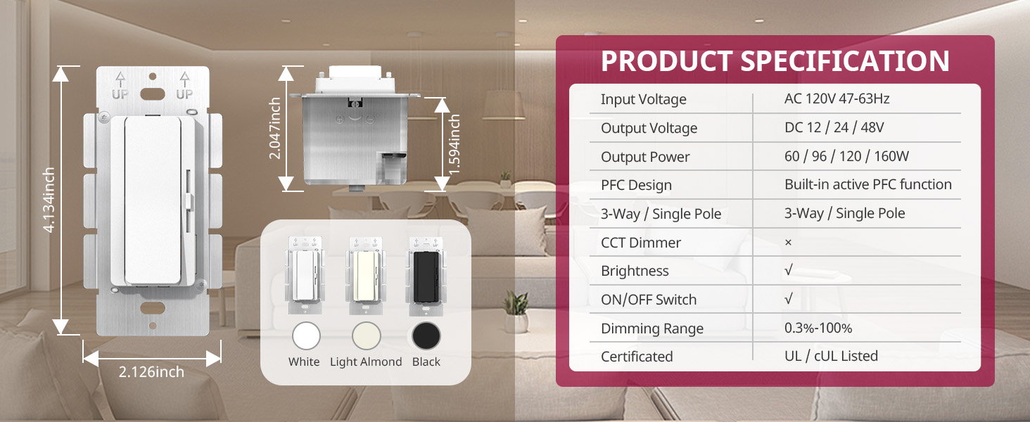 Suretron product specification. Detailed driver and dimmer 2 in 1 product specification sheet for Suretron, listing all technical details.
