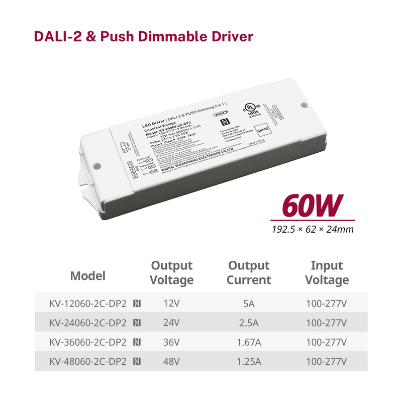 DP2 60W CV CCT DALI 2 Push Dimmable LED Driver 12V 24V 36V 48V DC