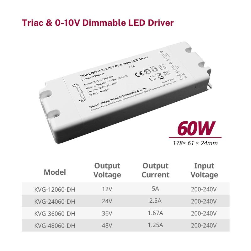 60 Watt Triac 0-10V Dimmable LED Driver CV Adjustable Output Voltage