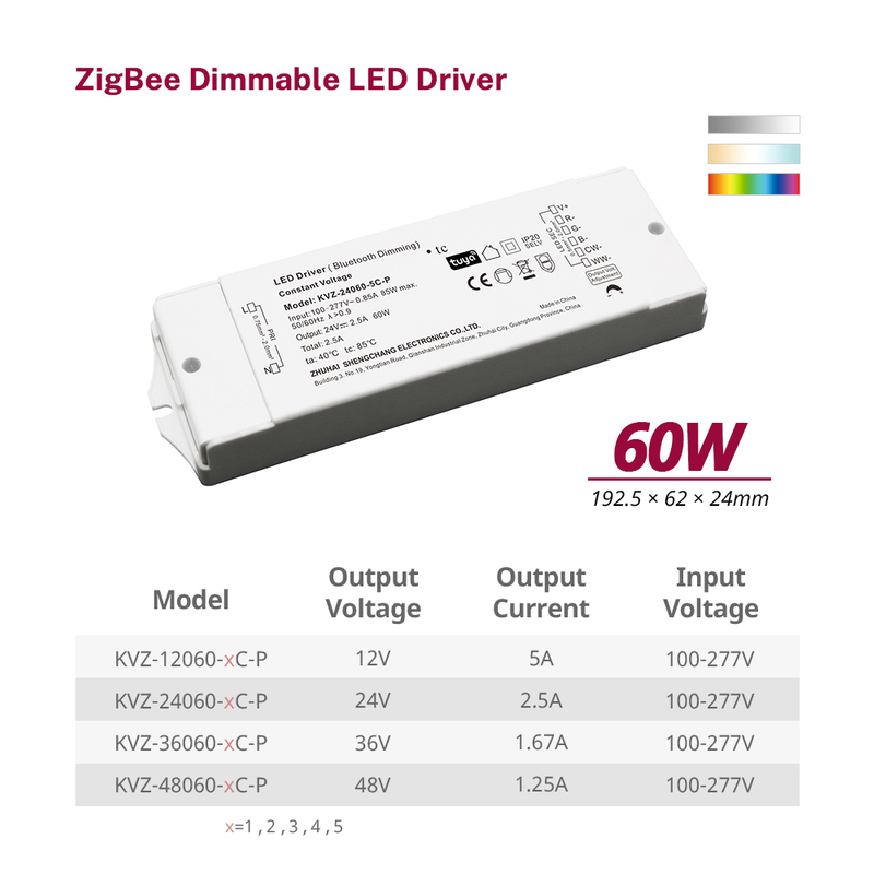 60W CV RGB CW ZigBee Dimmable LED Driver 12V/24V/36V/48V Constant Voltage Power Supply Compatible with Tuya Smart Life App