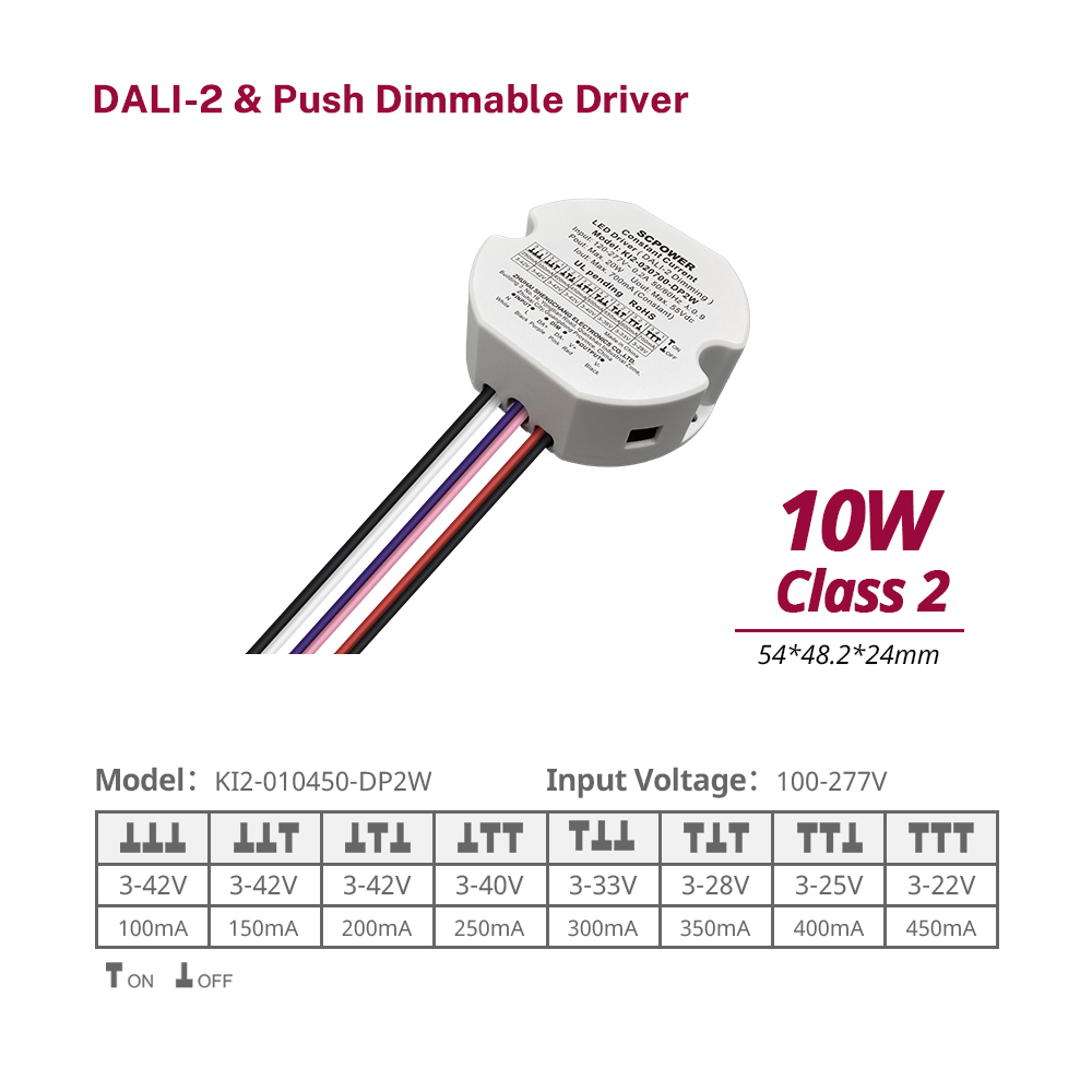 DP2 10W 15W 20W 30W 40W 50W CC 100mA to 1750mA Class 2 DALI-2 Push Dimmable LED Driver Round of Downlights