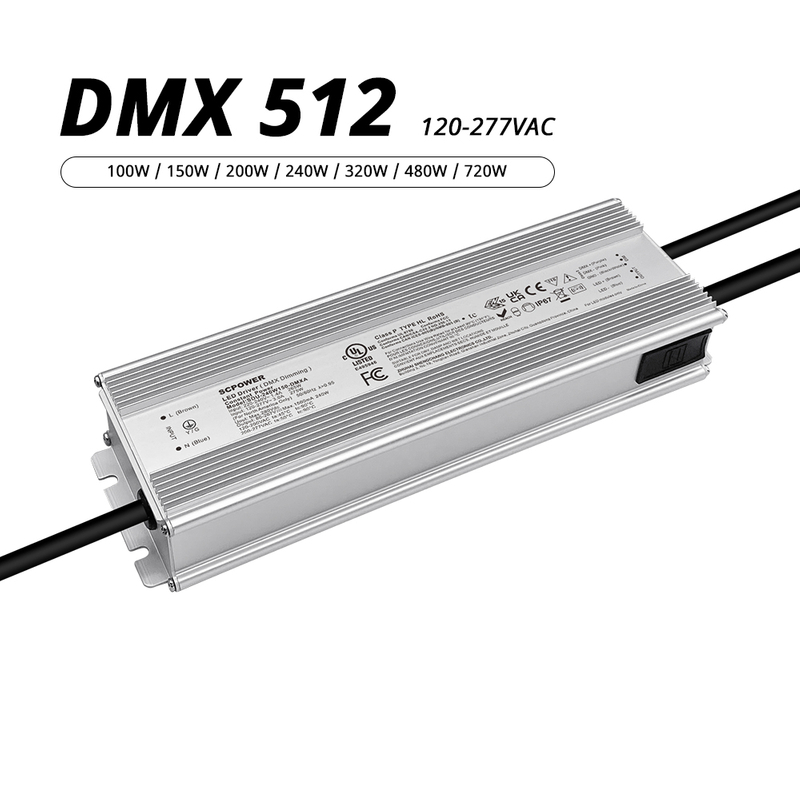 100W 150W 200W 240W 320W 480W 720W 18V-422V DC DMX IP67 Waterproof LED Driver 120-277V AC