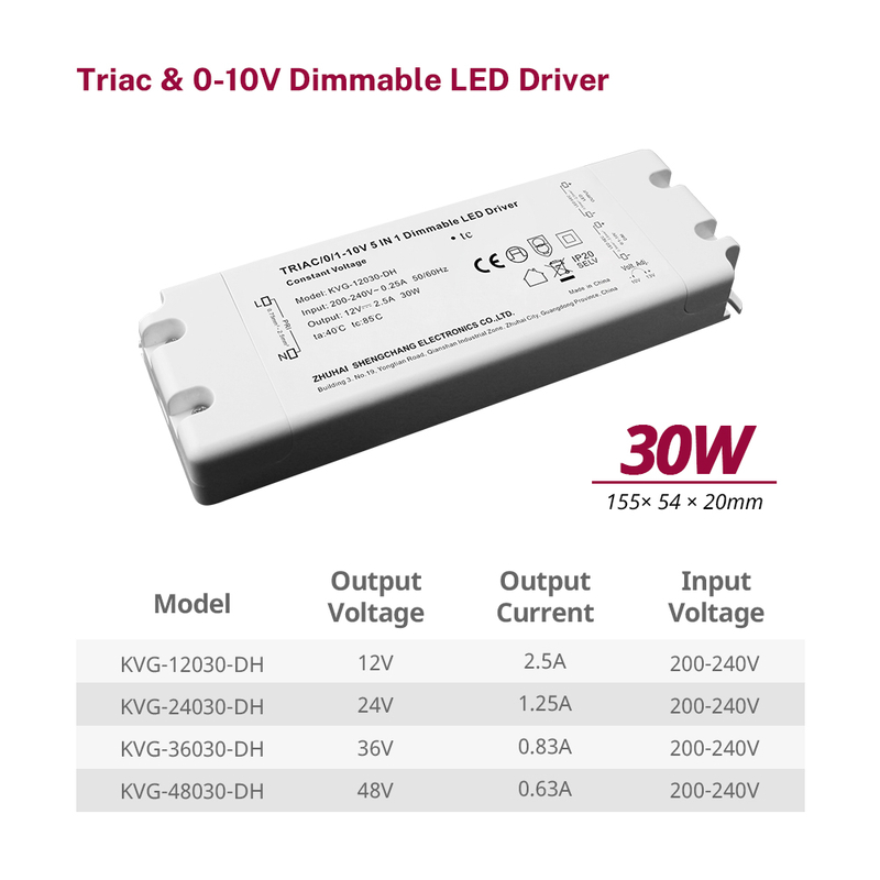 30 ვტ ტრიაკი 0-10V Dimmable LED მძღოლი CV მაღალი ძაბვა