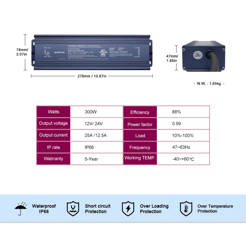 300W 12V 24V 36V 48V DC 100-277Vac (us) Constant Votage Triac Dimmable Led Power Supply