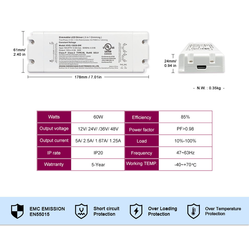 KVG-60-DW 60W CV american lighting 100-277v ac ul pin plug-in 5a 60w 24vdc constant voltage led driver