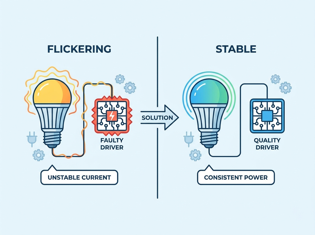 Diagnosing electrical faults and driver compatibility issues causing LED lights to flicker in commercial settings